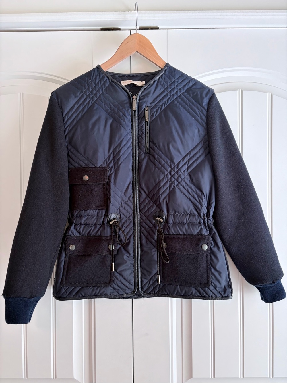 Tory Burch Hilary Quilted Tech Combo Bomber Jacket Navy Women's Size 0 Shaping